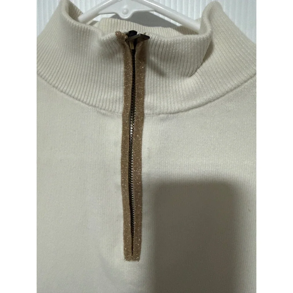 Talbots Ivory Cotton Blend Quarter Zip Sweater Gold Metallic Stripe RN 54050 - Picture 3 of 5